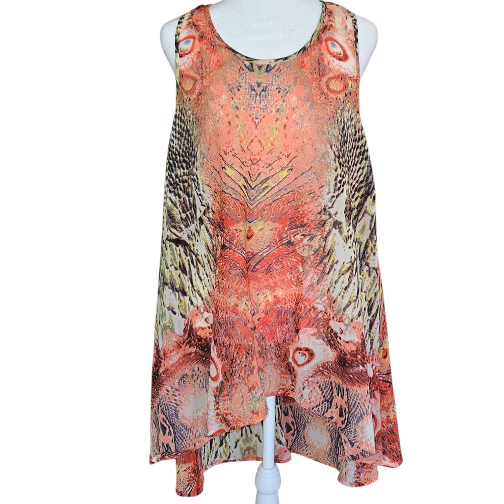 Kaktus Womens Large Abstract Animal Print High Low Sleeveless Sheer Tunic Boho